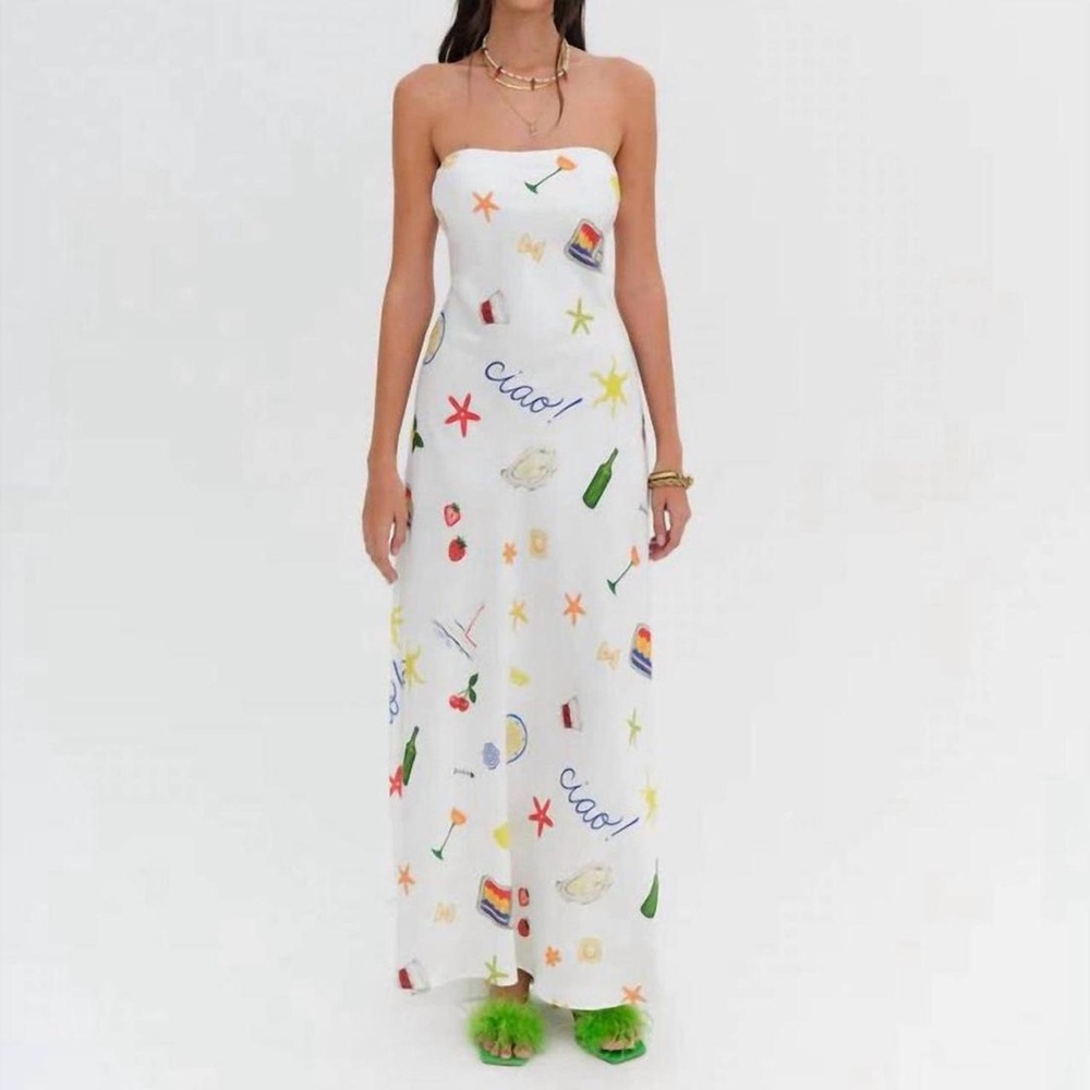 For Love And Lemons Strapless White Dress with Multicolor Print